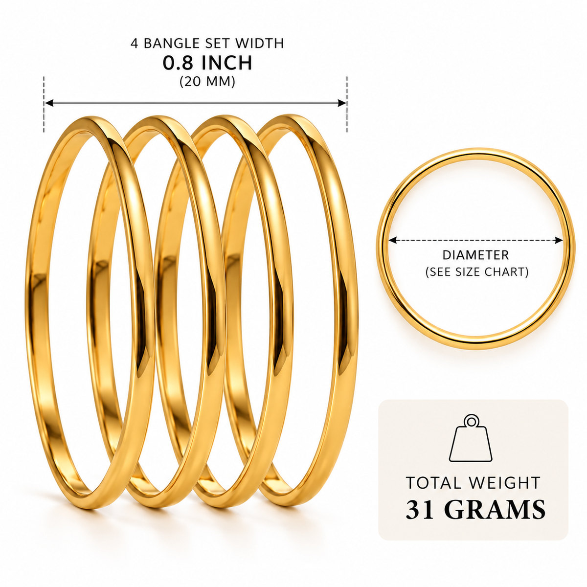 Minimalist Stackable Bangle Bracelet, 4 Piece Set, Gold Plated