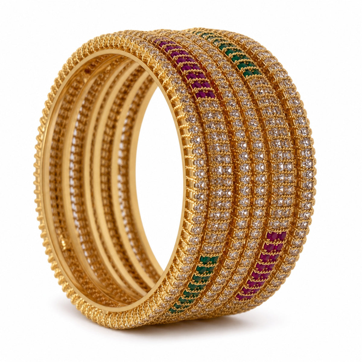 Multicolor cubic zirconia gold-plated bangle set of 6, front view