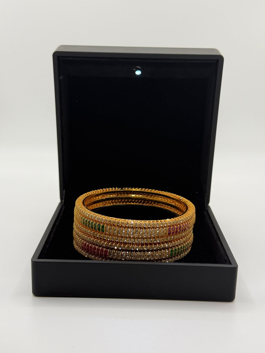 Multicolor cubic zirconia gold-plated bangle set of 6, close-up detail
