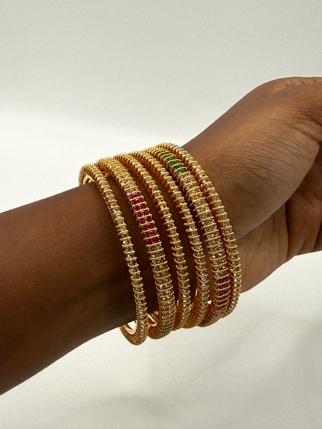 Multicolor cubic zirconia gold-plated bangle set of 6, additional angle