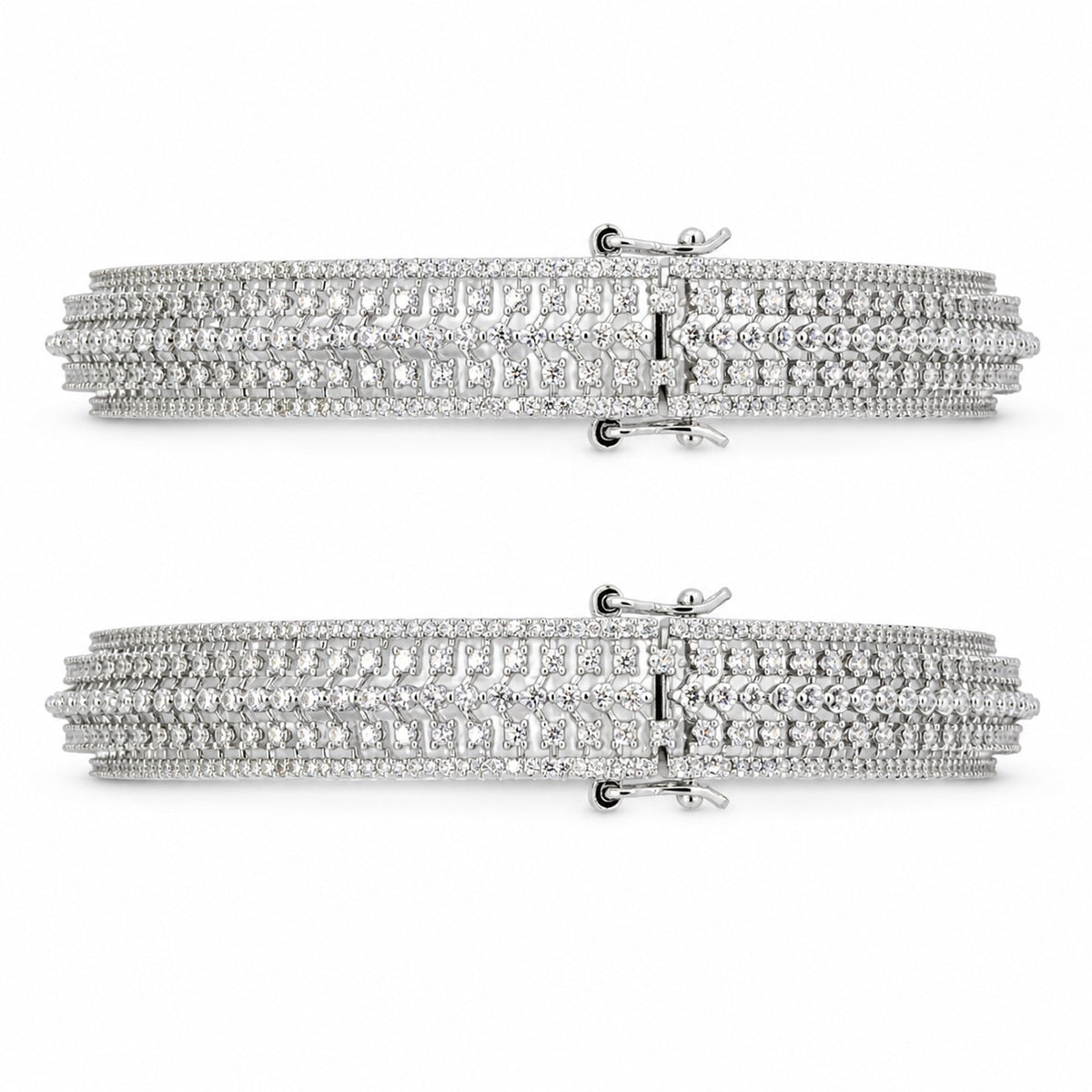 Silver-tone cubic zirconia bangle set, front view
