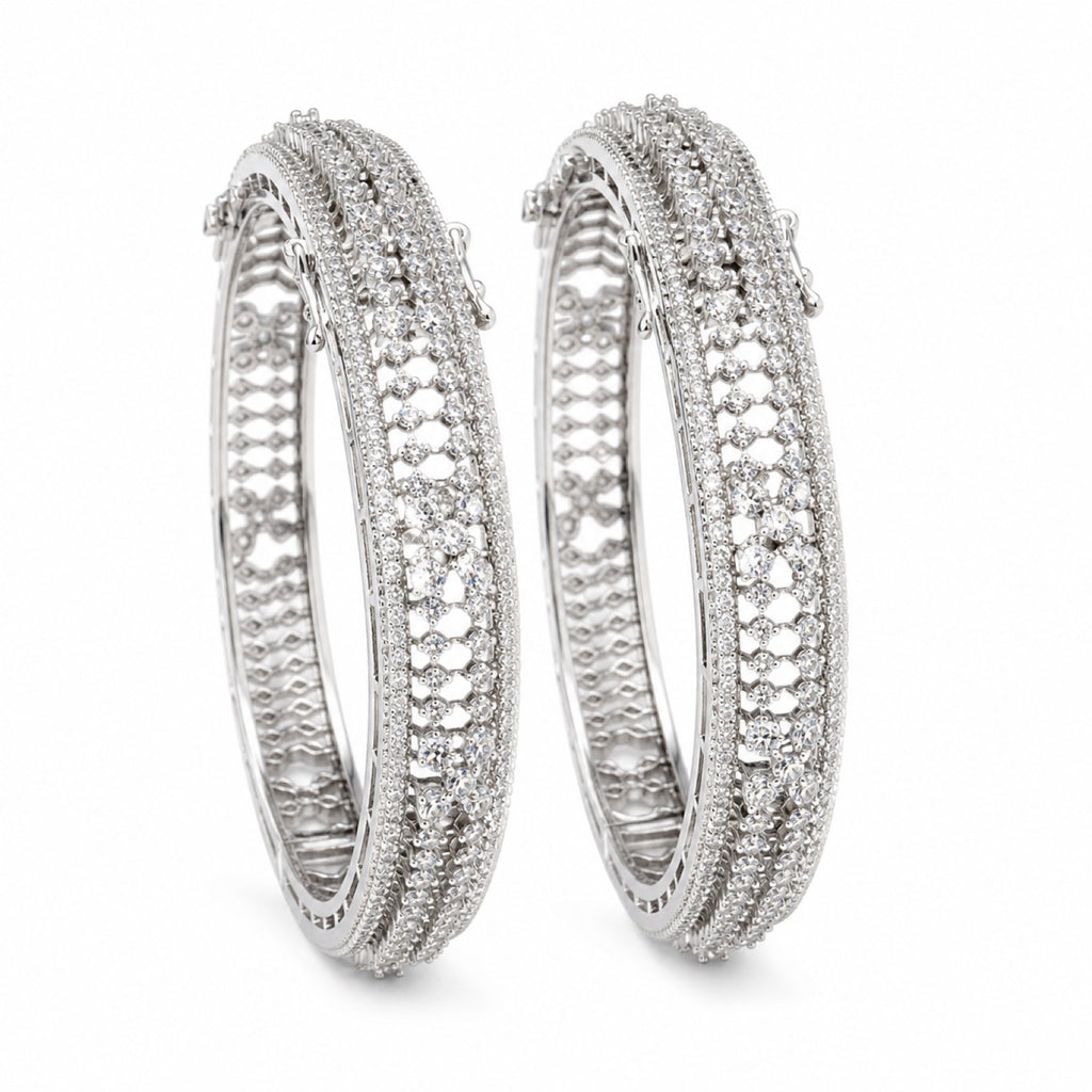 Silver-tone cubic zirconia statement bangle pair, front view