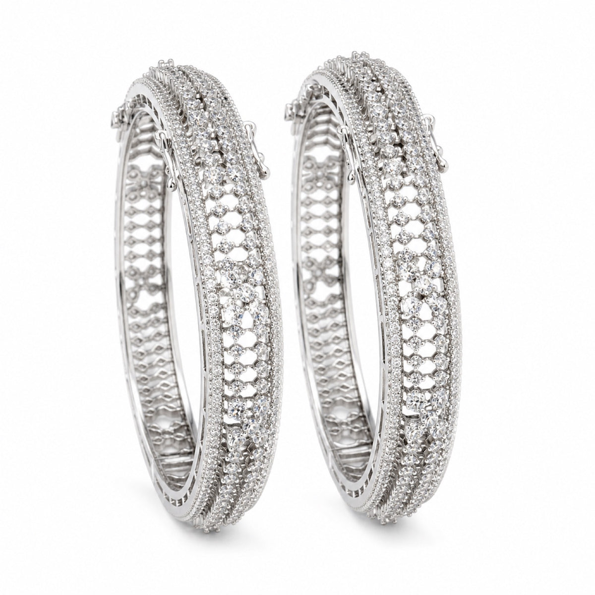 Silver-tone cubic zirconia statement bangle pair, front view