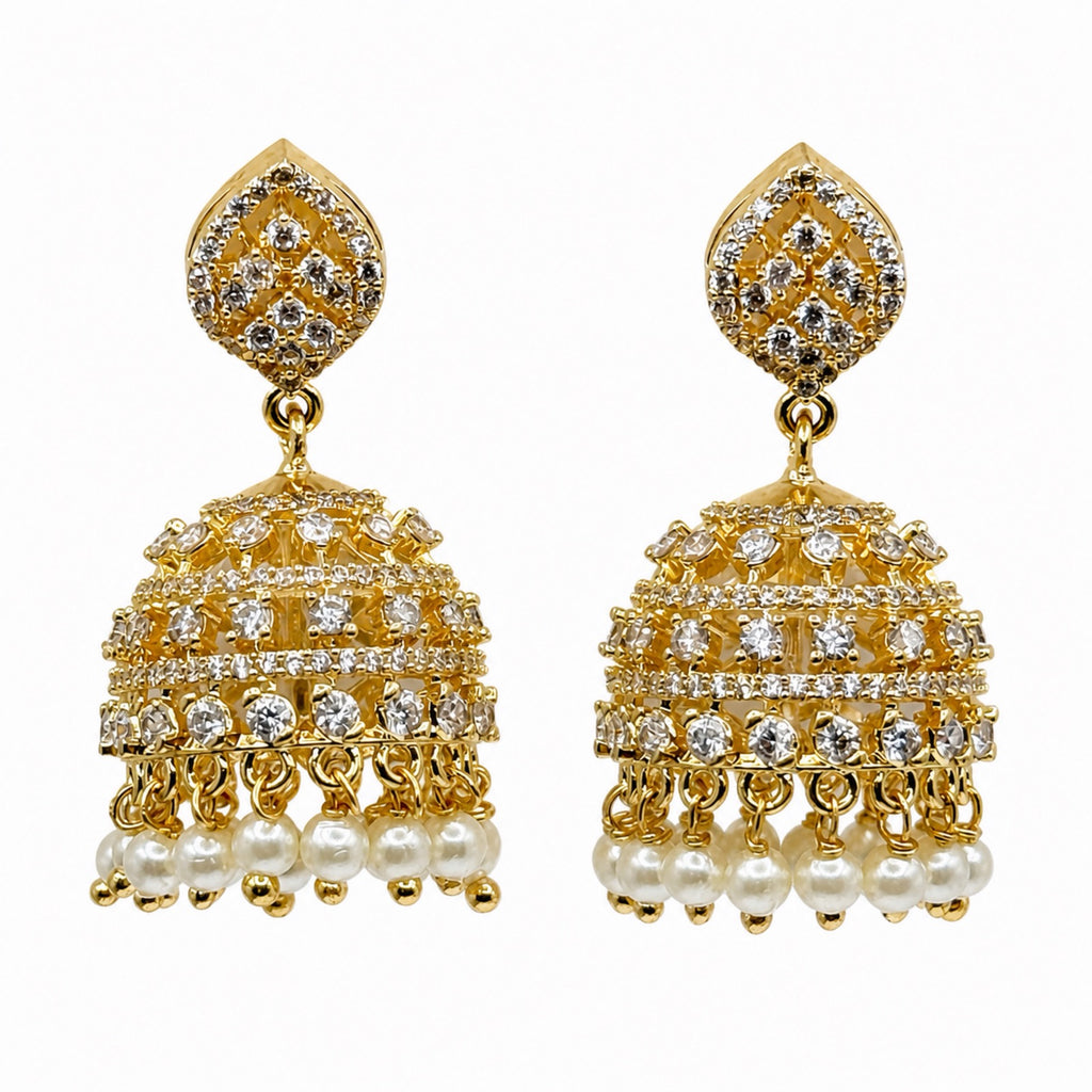 Gold-plated cubic zirconia jhumka earrings, front view