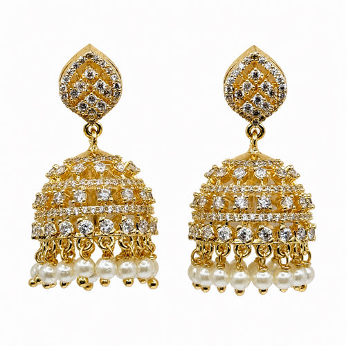 Gold-plated cubic zirconia jhumka earrings, front view