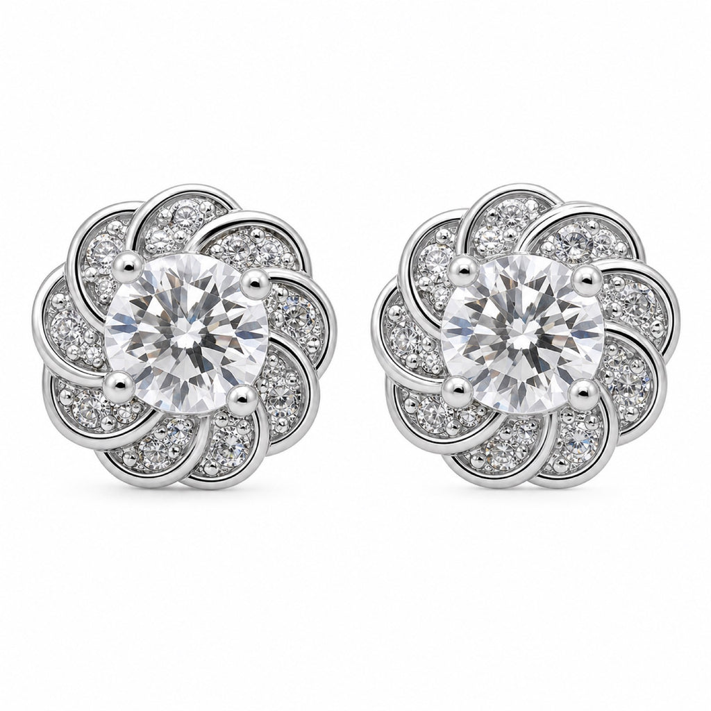 Silver-tone cubic zirconia floral stud earrings, front view