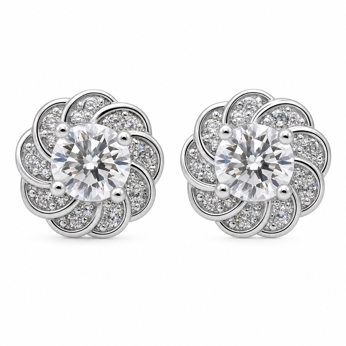 Silver-tone cubic zirconia floral stud earrings, front view