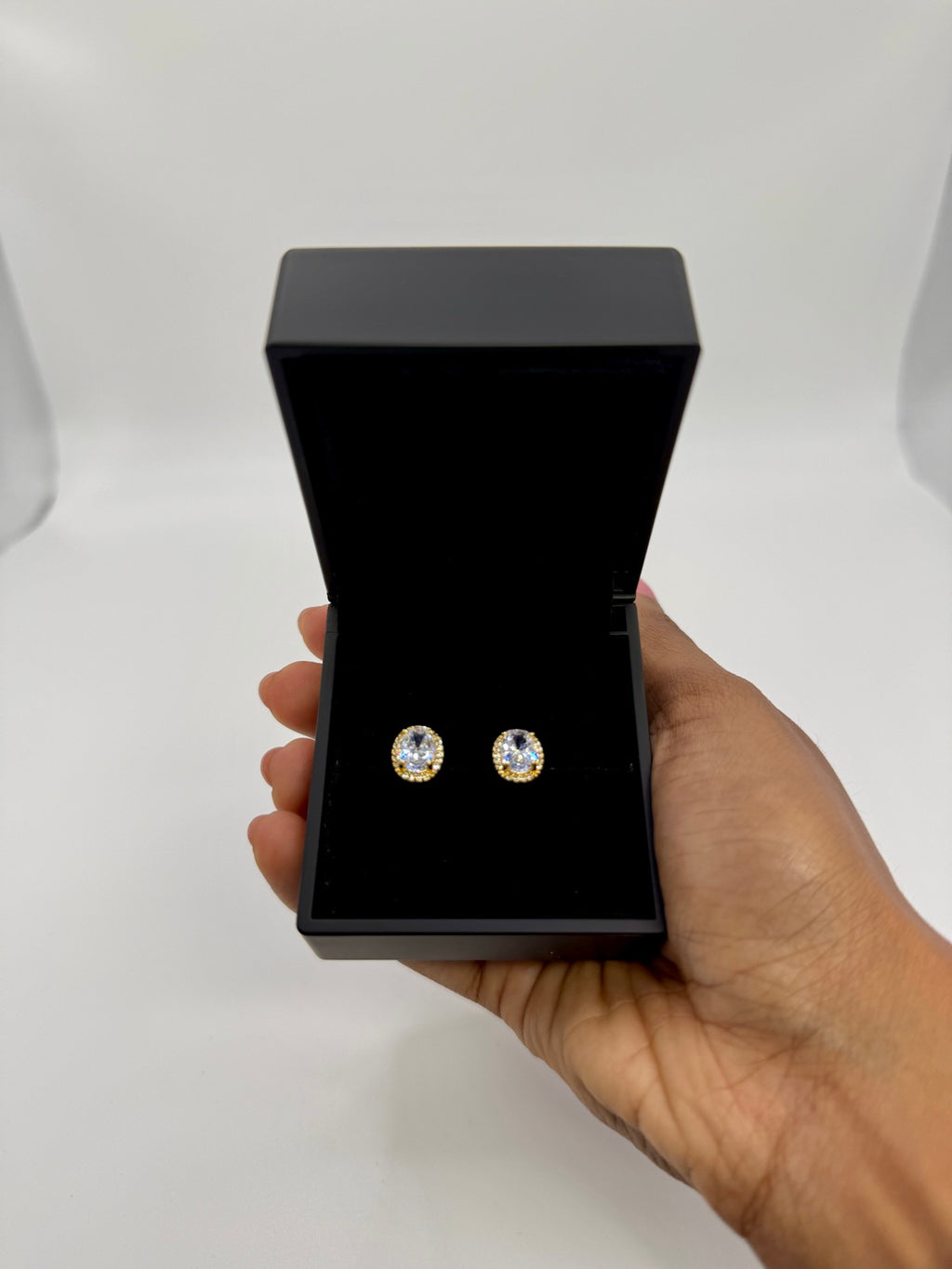 Antique gold-plated cubic zirconia oval stud earrings, additional angle
