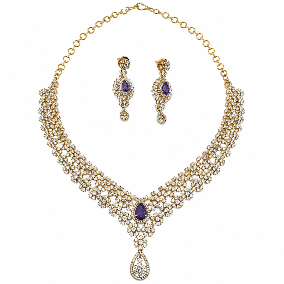 Layered gold-plated cubic zirconia necklace and earring set in royal purple, front view