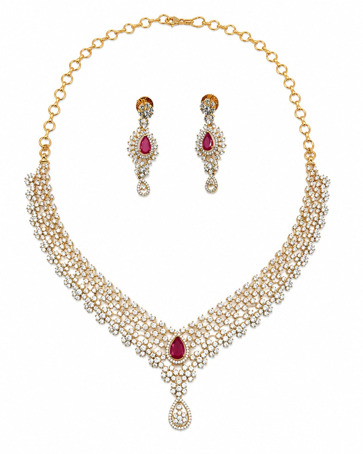 Layered gold-plated cubic zirconia necklace and earring set in ruby red, front view